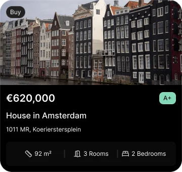 Huisly property search filters for price, size, and bedrooms (Dark Mode)